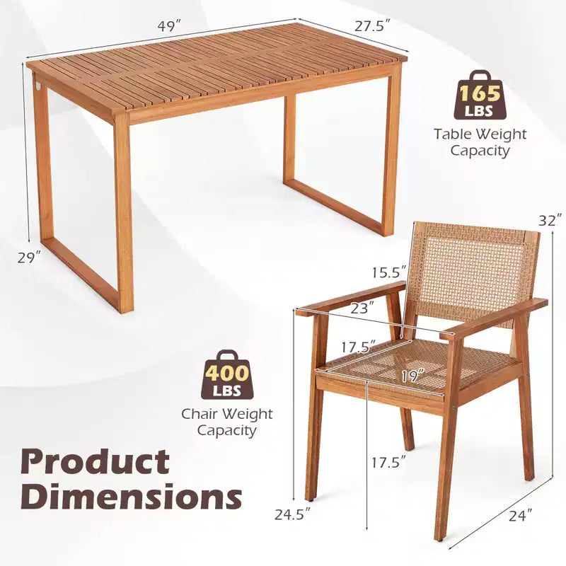 Gymax 5PCS Acacia Wood Dining Set Outdoor Table & Rattan Chairs for Balcony Poolside