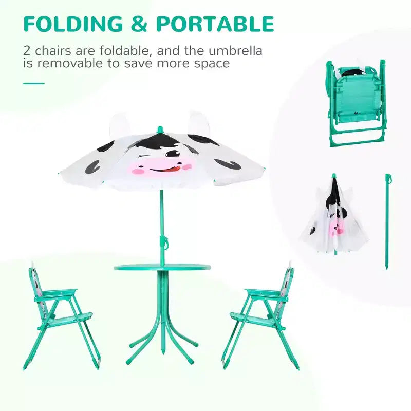 Kids Table and Chair Set, Outdoor Folding Garden Furniture, Picnic Table for Patio Backyard, with Removable & Height Adjustable Sun Umbrella