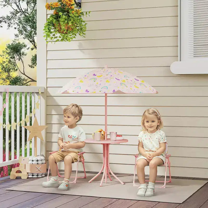 Kids Picnic Table and Chair Set, Outdoor Activity Table with Foldable Chairs, Removable Umbrella for Backyard