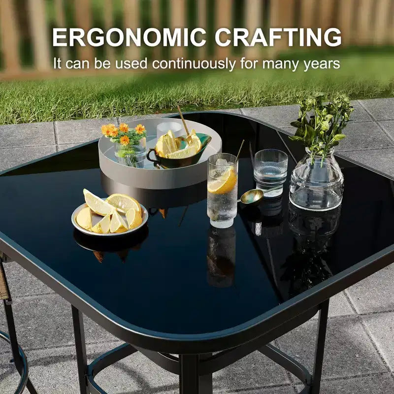 5 Piece Patio Bar Furniture Set Swivel Stools Glass Top Table Blue Textilene, All Weather Textilene High Swivel Bar Stools Chair Set