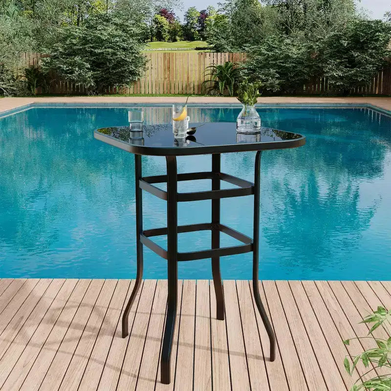 5 Piece Patio Bar Furniture Set Swivel Stools Glass Top Table Blue Textilene, All Weather Textilene High Swivel Bar Stools Chair Set