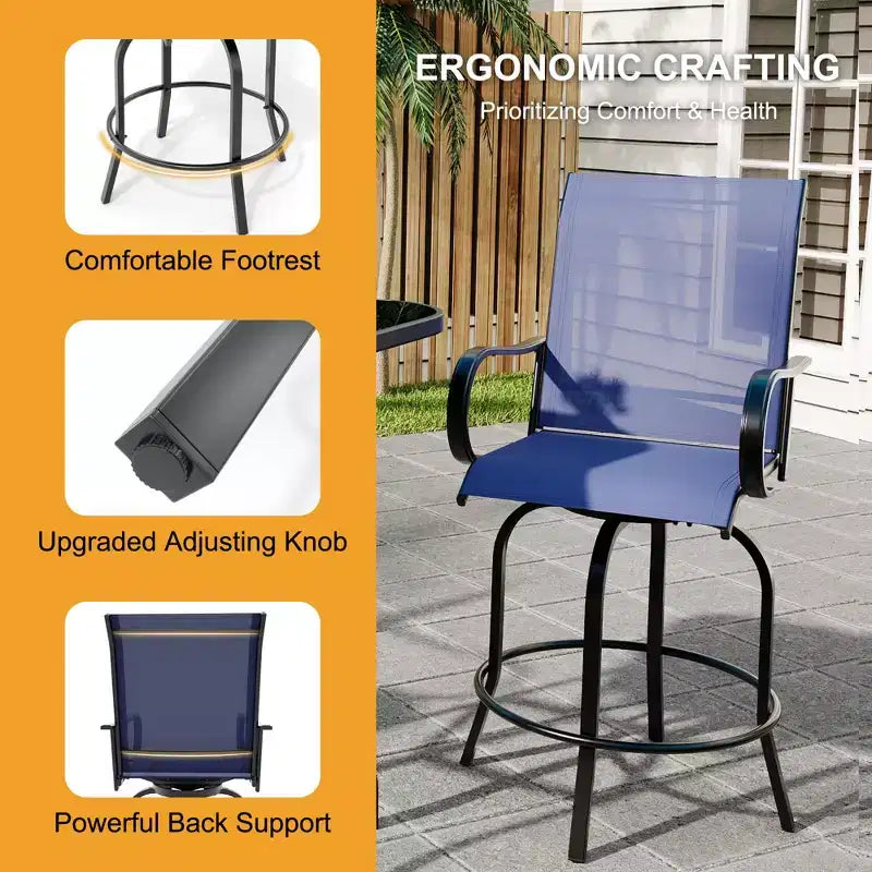 5 Piece Patio Bar Furniture Set Swivel Stools Glass Top Table Blue Textilene, All Weather Textilene High Swivel Bar Stools Chair Set