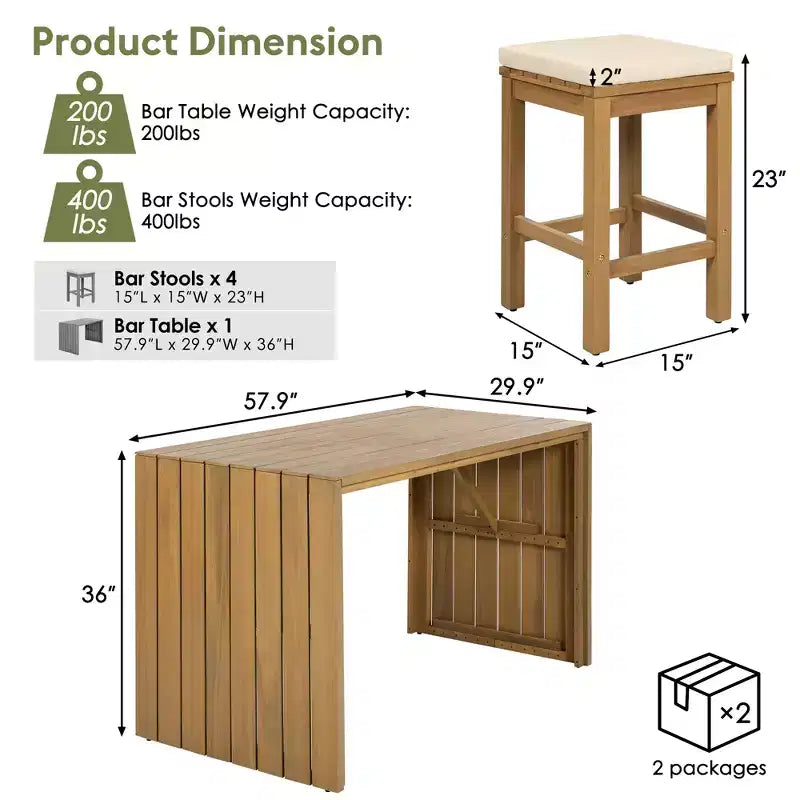 Whisen 5-Piece Outdoor Patio Furniture Set Acacia Wood Bar Set with Bar Height Table, 4 Stools and Cushions