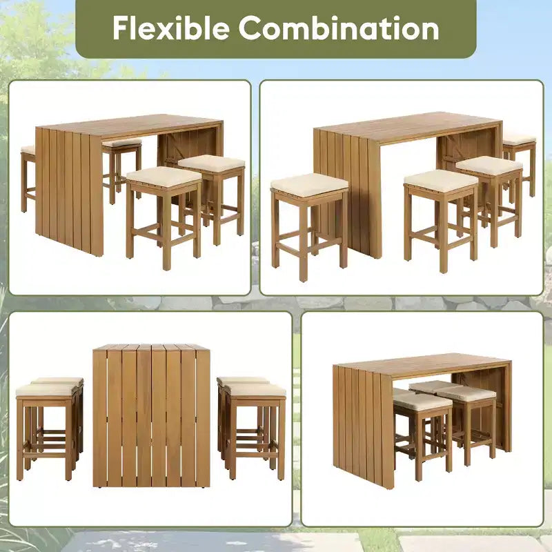Whisen 5-Piece Outdoor Patio Furniture Set Acacia Wood Bar Set with Bar Height Table, 4 Stools and Cushions