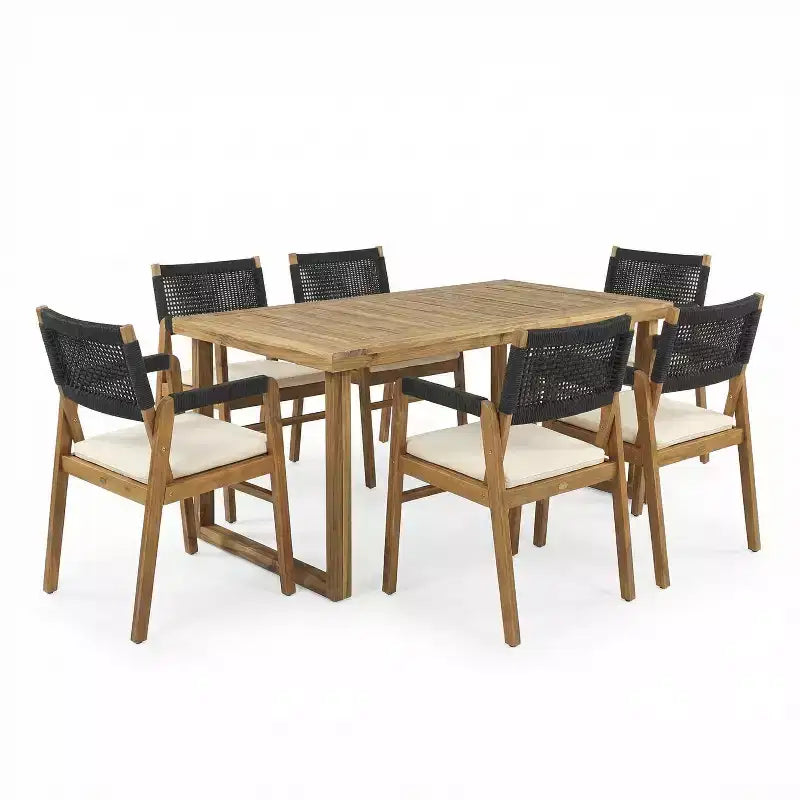 Christopher Knight Home Beryle 7 Piece Acacia Wood and Rope Outdoor Dining Set with Cushions