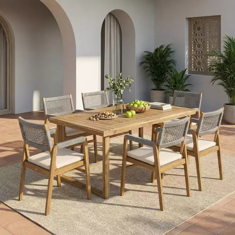Christopher Knight Home Beryle 7 Piece Acacia Wood and Rope Outdoor Dining Set with Cushions