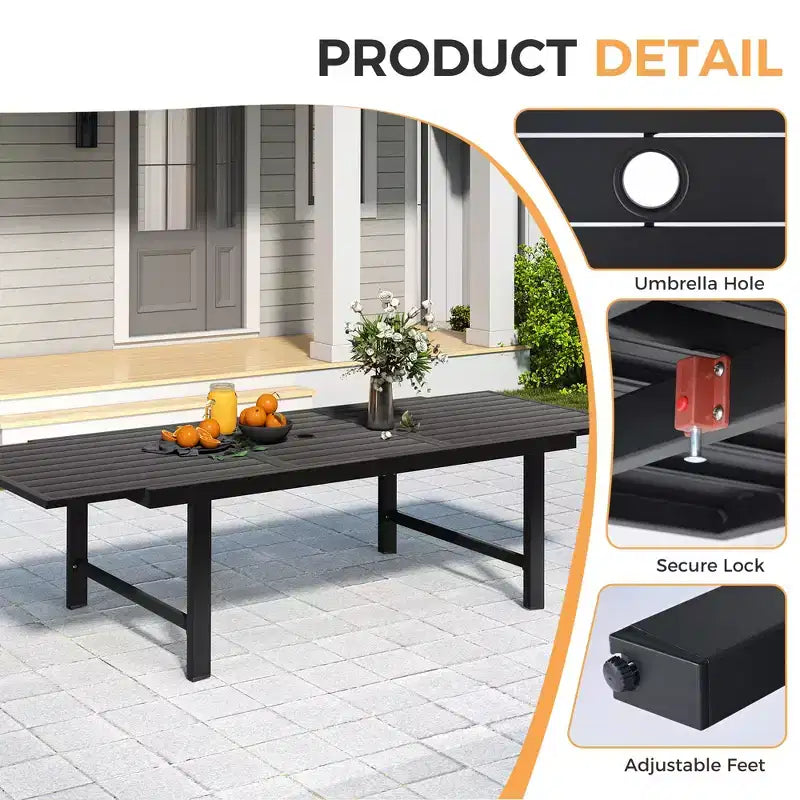 HAPPATIO Outdoor Expandable Dining Table, Aluminum Patio Dining Table for 4-8 Person, Powder-Coated Rectangular Table with Umbrella Hole