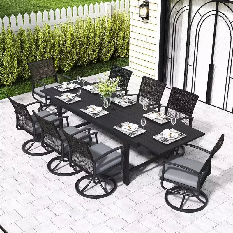 HAPPATIO Outdoor Expandable Dining Table, Aluminum Patio Dining Table for 4-8 Person, Powder-Coated Rectangular Table with Umbrella Hole