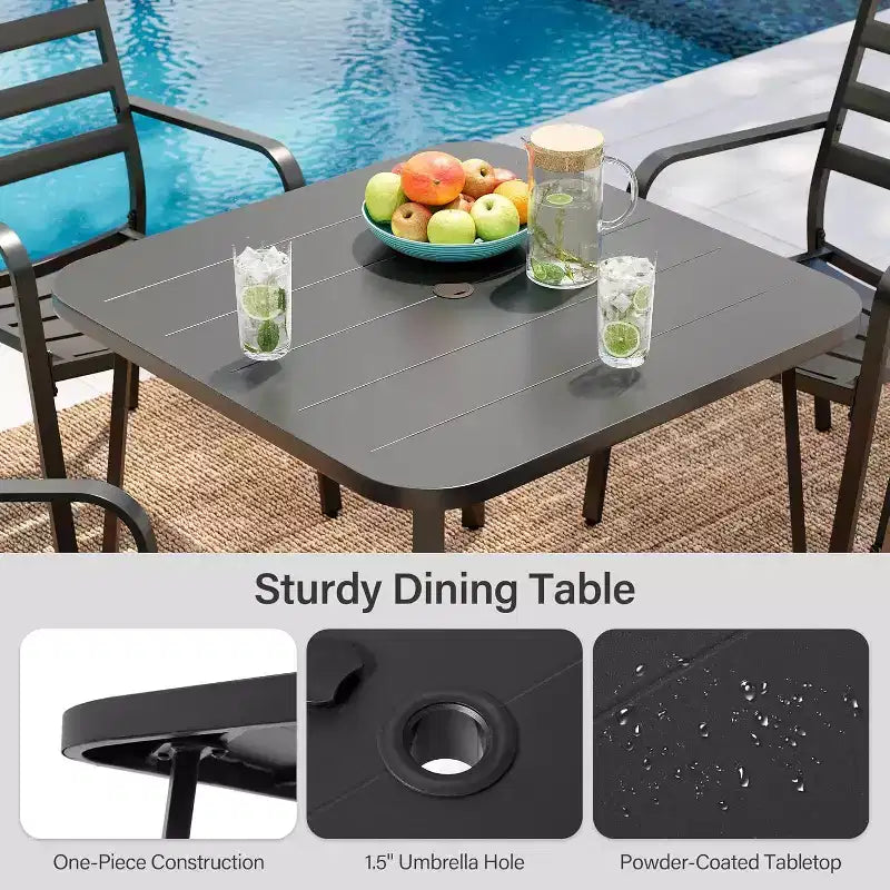LAUSAINT HOME 5 Pieces Outdoor Dining Sets for 4, 35'' Black Metal Square Table with 1.5'' Umbrella Hole and 4 Stackable