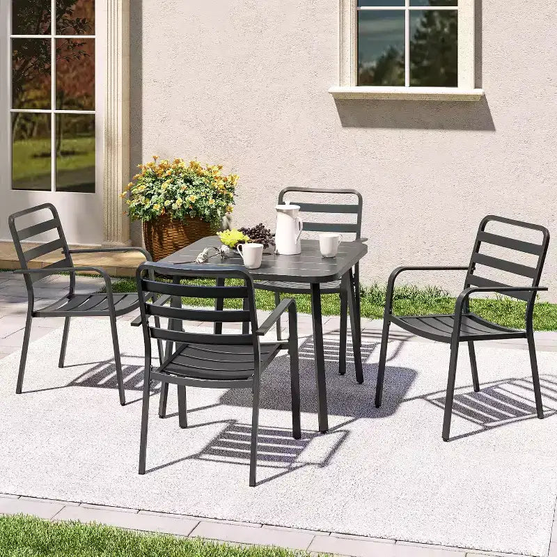 LAUSAINT HOME 5 Pieces Outdoor Dining Sets for 4, 35'' Black Metal Square Table with 1.5'' Umbrella Hole and 4 Stackable