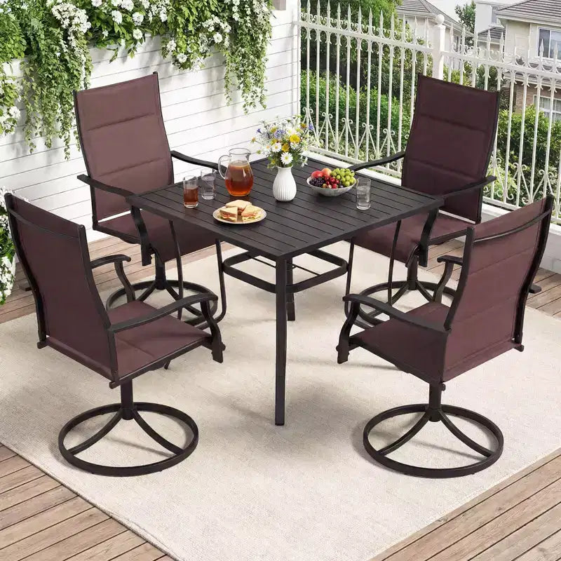 Costway 5PCS Outdoor Dining Set, 4 Swivel Chairs & Square Patio Table with Umbrella Hole Black + Brown/Black