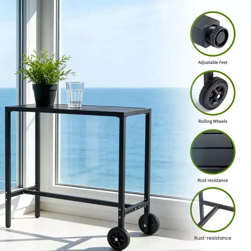 Mobile Outdoor Bar Table with Wheels, Waterproof Metal Slatted Top, Counter Height Table for Patio, Poolside, Yard & Kitchen