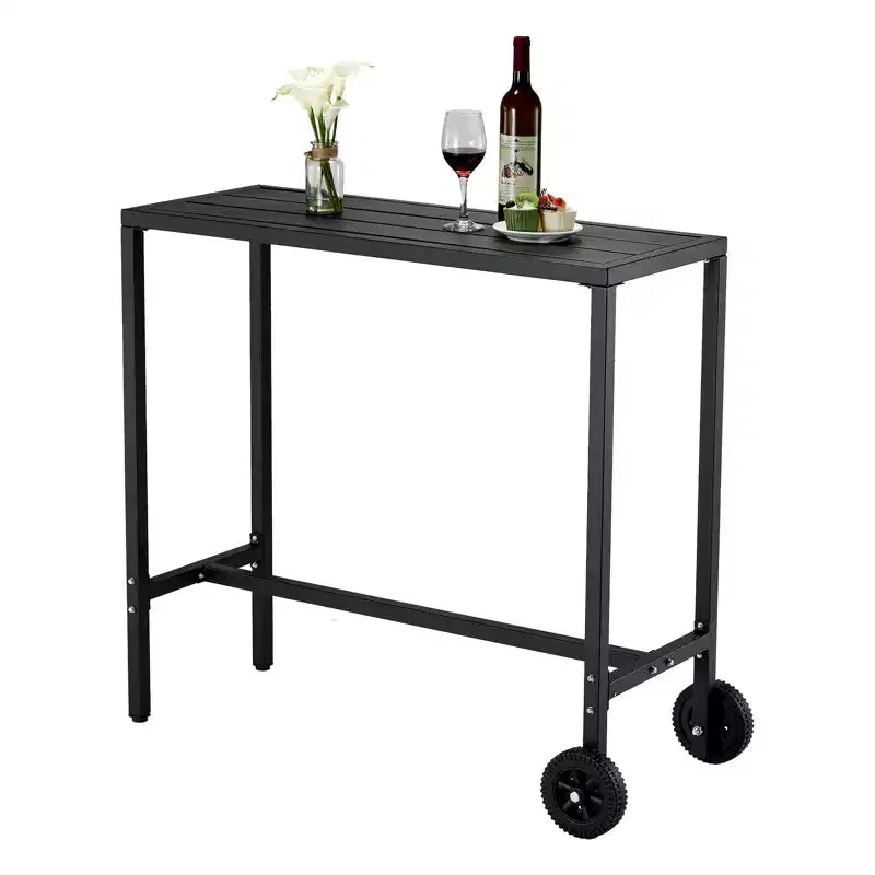 Mobile Outdoor Bar Table with Wheels, Waterproof Metal Slatted Top, Counter Height Table for Patio, Poolside, Yard & Kitchen