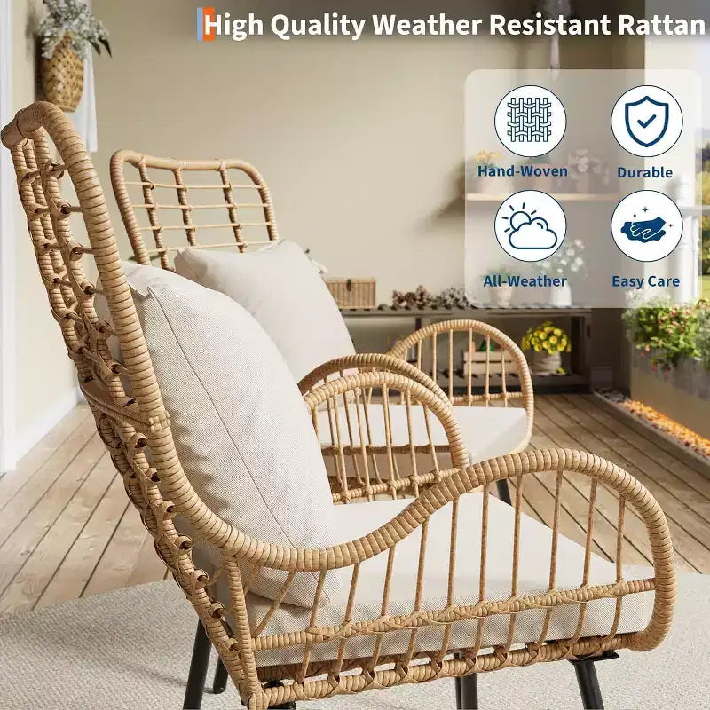 Wicker Patio Chairs Set of 4, Outdoor Rattan Furniture with Cushions & Pillows, Boho Patio Chairs for Porch, Garden, All-Weather, Easy Assembly