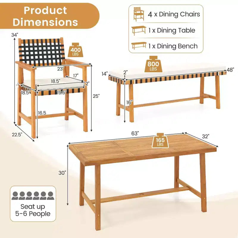 Costway 7PCS Patio Dining Set, Acacia Wood Table & 6 Armchairs with Padded Seat Cushions