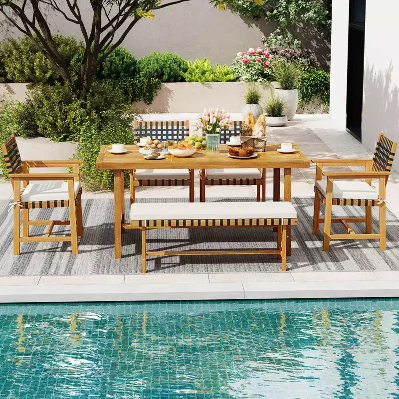 Costway 7PCS Patio Dining Set, Acacia Wood Table & 6 Armchairs with Padded Seat Cushions