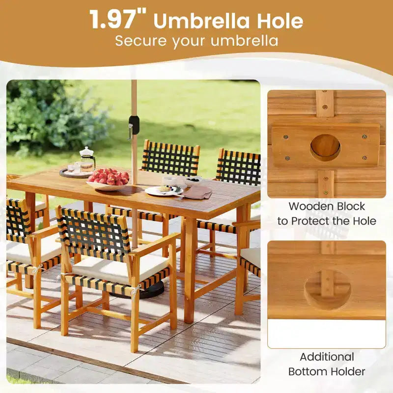 Costway 7PCS Patio Dining Set, Acacia Wood Table & 6 Armchairs with Padded Seat Cushions