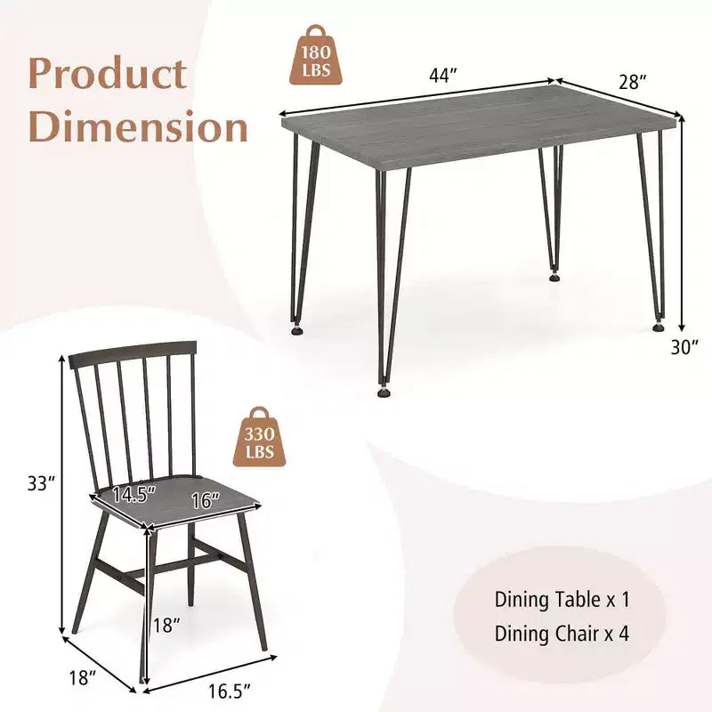 Costway Ensemble de salle à manger 5 pièces pour 4 personnes Table de cuisine rectangulaire et 4 chaises avec cadre en métal Gris Chêne