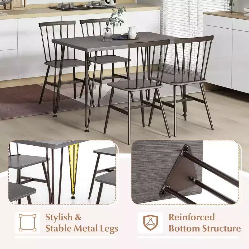 Costway Ensemble de salle à manger 5 pièces pour 4 personnes Table de cuisine rectangulaire et 4 chaises avec cadre en métal Gris Chêne