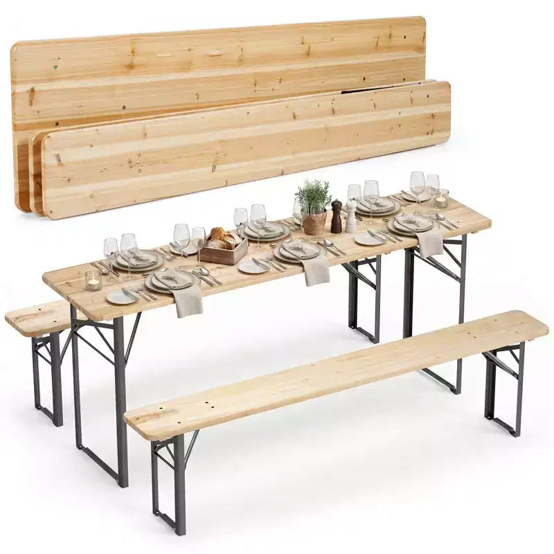 Costway 3-Piece Folding Picnic Table with Benches for 6,Fir Wood&Metal Frame for Patio