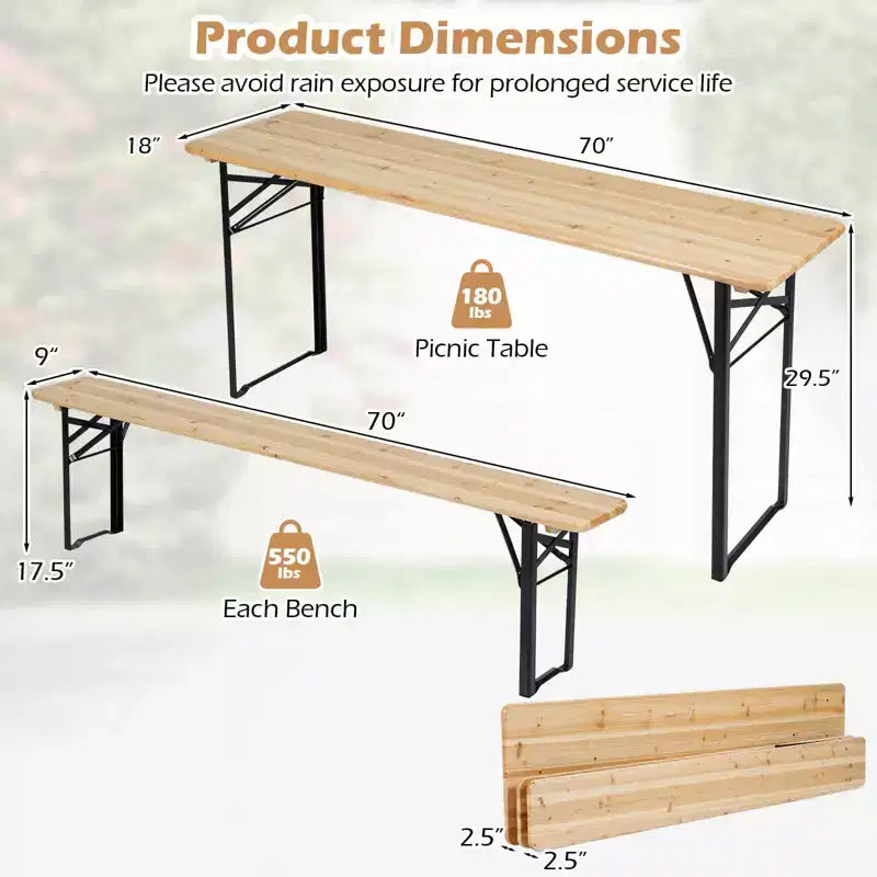 Costway 3-Piece Folding Picnic Table with Benches for 6,Fir Wood&Metal Frame for Patio