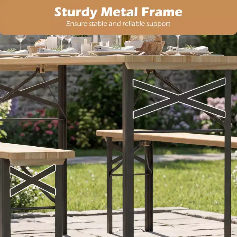 Costway 3-Piece Folding Picnic Table with Benches for 6,Fir Wood&Metal Frame for Patio