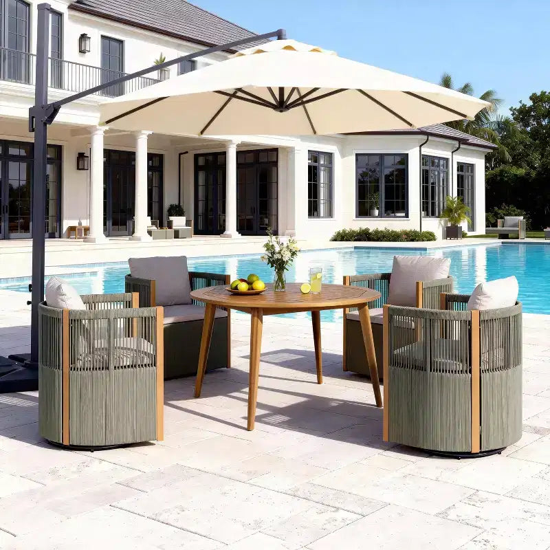 Christopher Knight Home Oliver Outdoor Patio 5-Piece Acacia Wood and Rope Swivel Dining Set with Cushions, Table and 4 Chairs