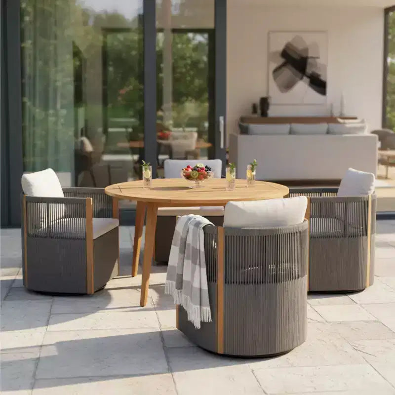 Christopher Knight Home Oliver Outdoor Patio 5-Piece Acacia Wood and Rope Swivel Dining Set with Cushions, Table and 4 Chairs