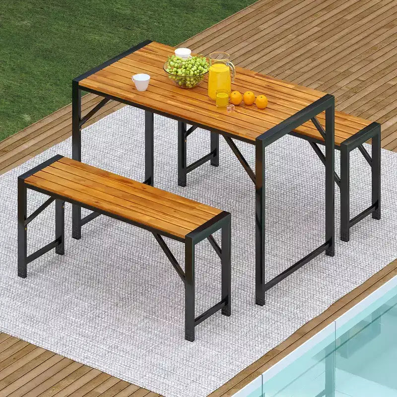 Costway 3 PCS Dining Set for 4 People Outdoor Picnic Table & 2 Benches w/ Metal Frame