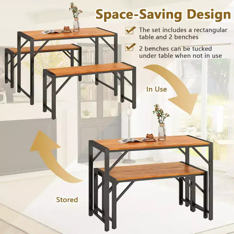 Costway 3 PCS Dining Set for 4 People Outdoor Picnic Table & 2 Benches w/ Metal Frame