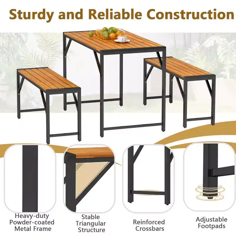 Costway 3 PCS Dining Set for 4 People Outdoor Picnic Table & 2 Benches w/ Metal Frame