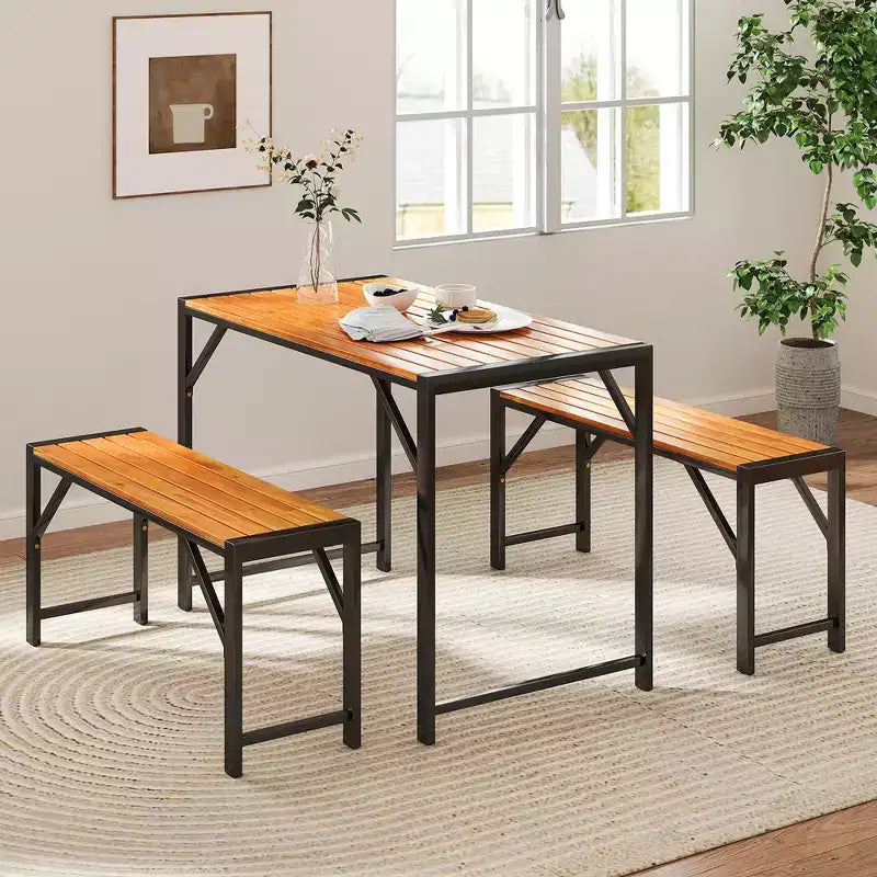 Costway 3 PCS Dining Set for 4 People Outdoor Picnic Table & 2 Benches w/ Metal Frame