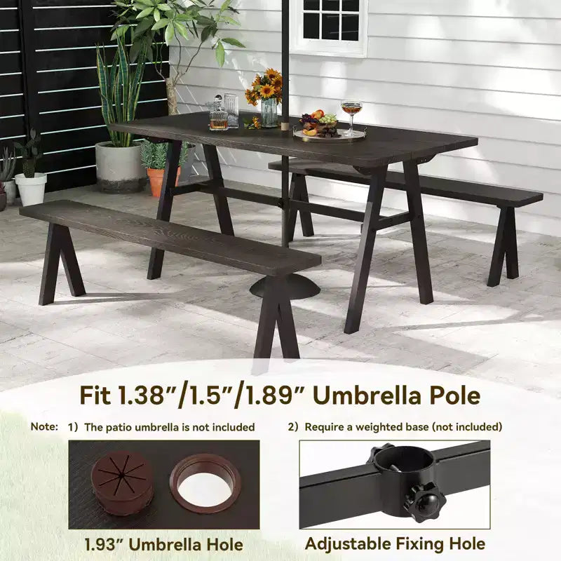Costway 3 PCS Outdoor Picnic Table and Benches Set for 6 People 1.93 Umbrella Hole