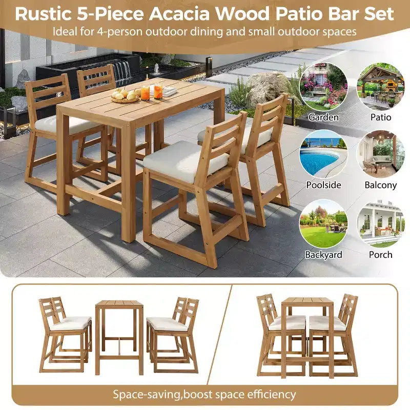 Whisen 5-Piece Rustic Patio Bar Set, Patio Table and Chairs Set with Ergonomic Chairs & Slatted Tabletop