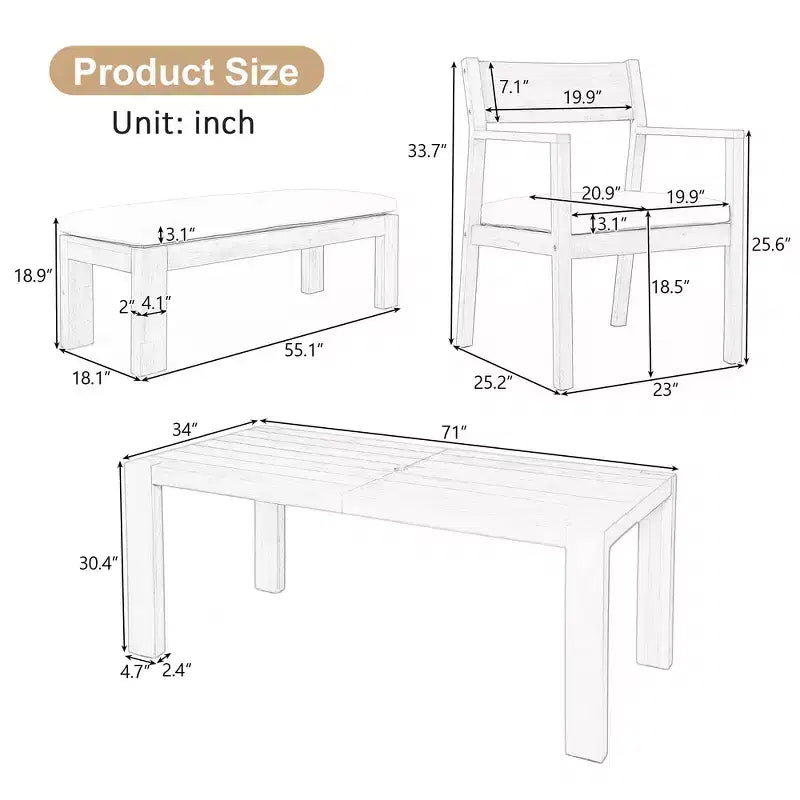 Whisen Patio Dining Table Set for 6, Outdoor Furniture Sets with Umbrella Hole, Table, Chairs and Bench