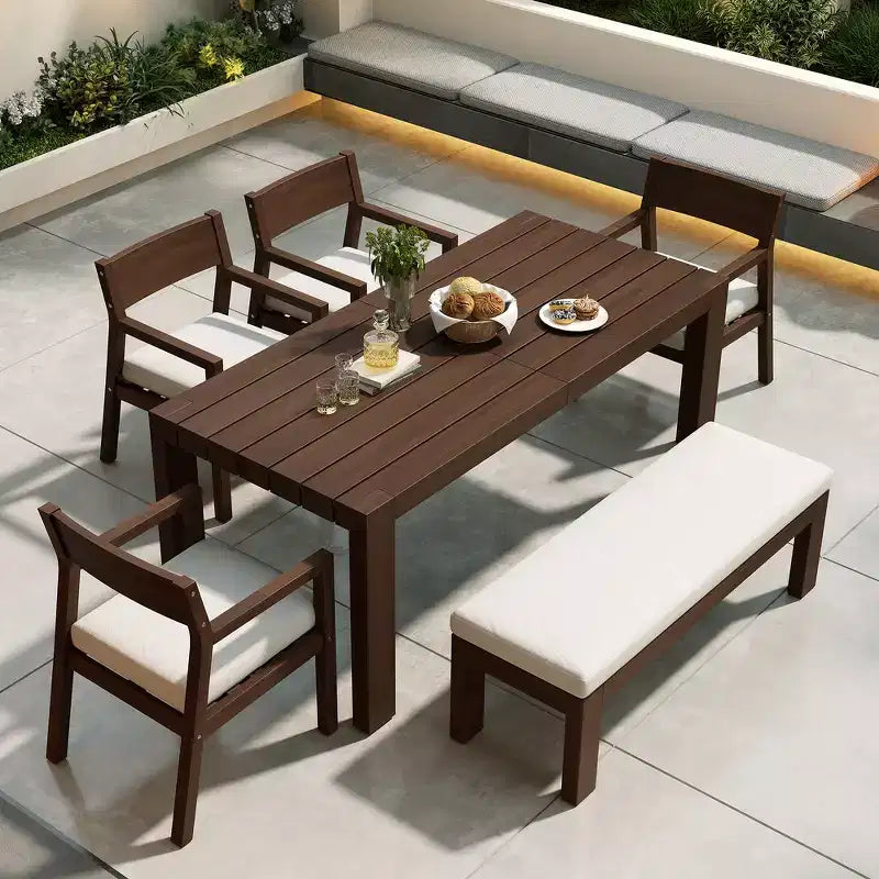 Whisen Patio Dining Table Set for 6, Outdoor Furniture Sets with Umbrella Hole, Table, Chairs and Bench
