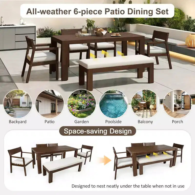 Whisen Patio Dining Table Set for 6, Outdoor Furniture Sets with Umbrella Hole, Table, Chairs and Bench