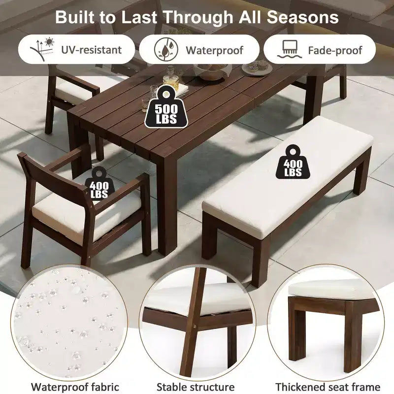 Whisen Patio Dining Table Set for 6, Outdoor Furniture Sets with Umbrella Hole, Table, Chairs and Bench