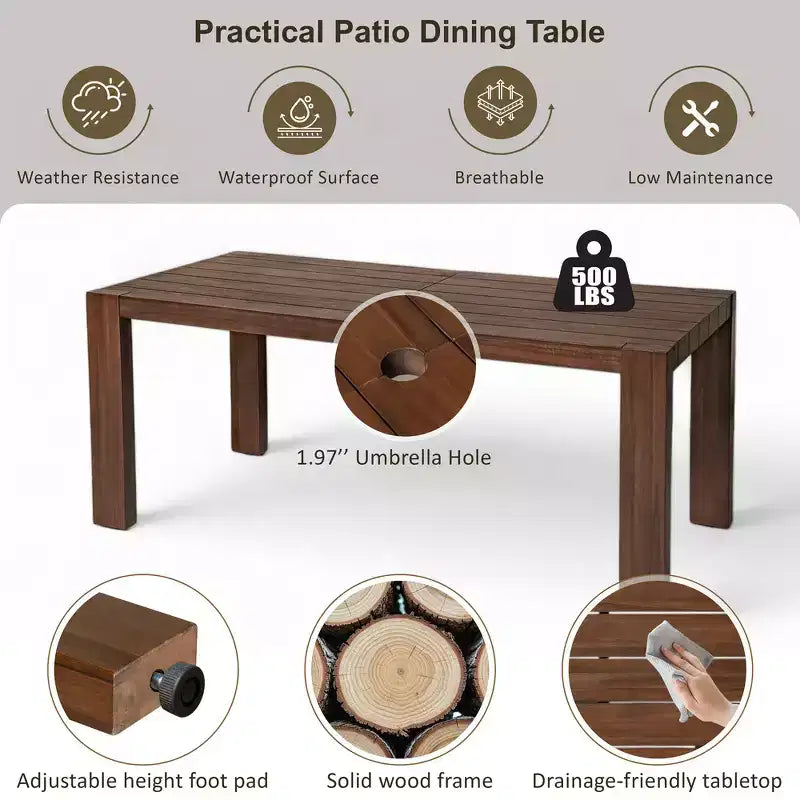 Whisen Patio Dining Table Set for 6, Outdoor Furniture Sets with Umbrella Hole, Table, Chairs and Bench