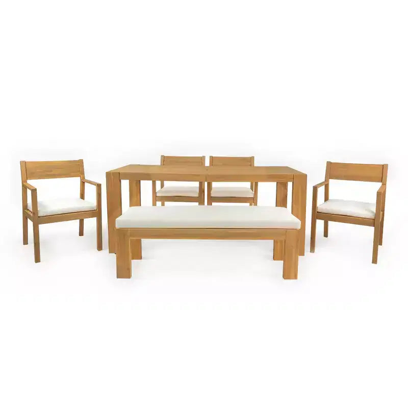 Whisen Patio Dining Table Set for 6, Outdoor Furniture Sets with Umbrella Hole, Table, Chairs and Bench