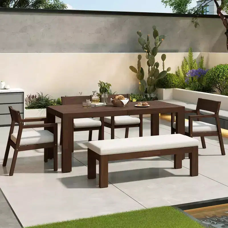 Whisen Patio Dining Table Set for 6, Outdoor Furniture Sets with Umbrella Hole, Table, Chairs and Bench
