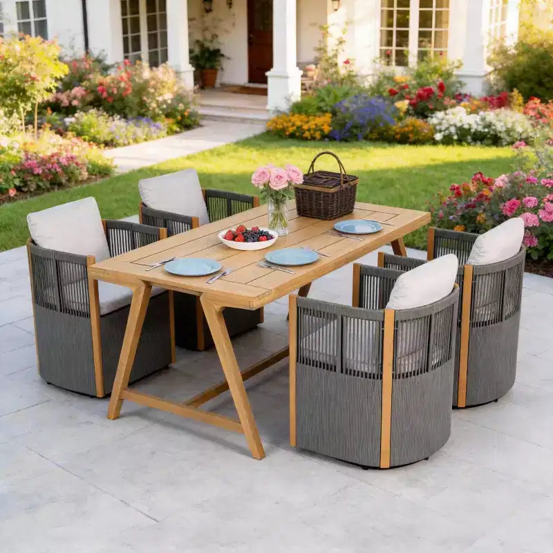 Christopher Knight Home Carter Patio Modern Acacia Wood 5-Piece Outdoor Dining Set with Rectangular Table and 4 Rope Swivel Chairs