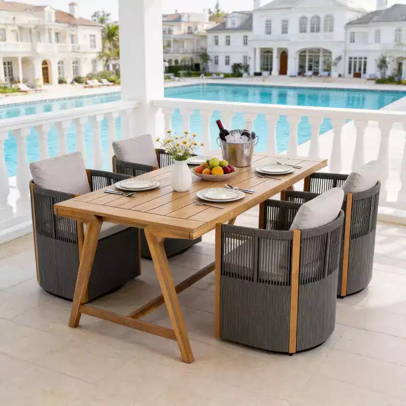 Christopher Knight Home Carter Patio Modern Acacia Wood 5-Piece Outdoor Dining Set with Rectangular Table and 4 Rope Swivel Chairs
