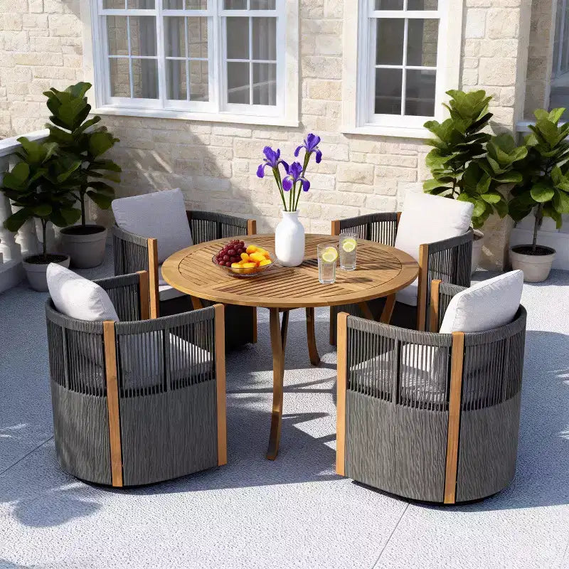 Christopher Knight Home Everett Patio Modern Acacia Wood 5-Piece Outdoor Dining Set with Round Table and 4 Rope Swivel Chairs