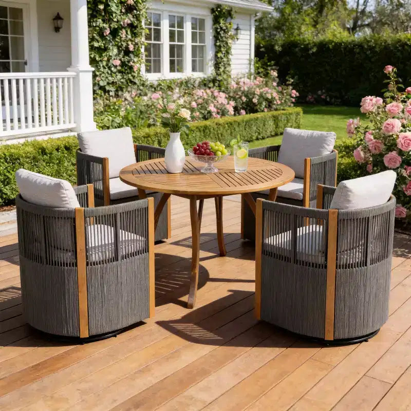 Christopher Knight Home Everett Patio Modern Acacia Wood 5-Piece Outdoor Dining Set with Round Table and 4 Rope Swivel Chairs