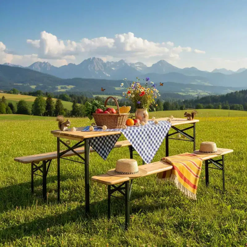 Gymax 3 PCS Wooden Folding Picnic Table and Bench Combo 70 Outdoor Beer Table w/ Seat for Garden Backyard Balcony