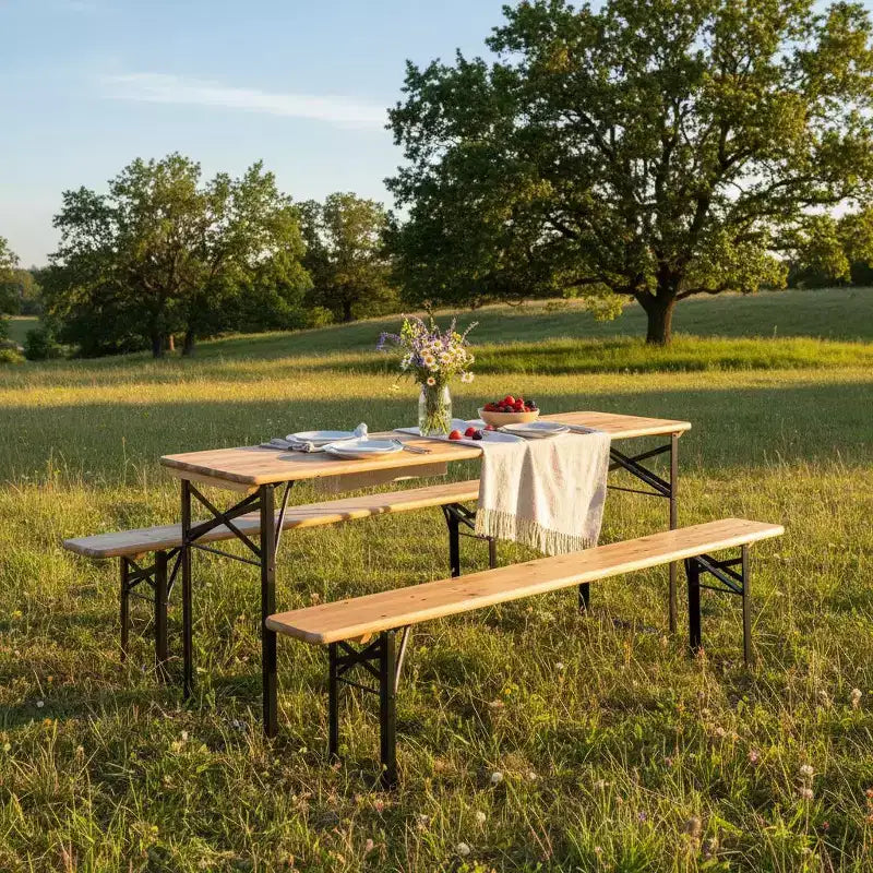 Gymax 3 PCS Wooden Folding Picnic Table and Bench Combo 70 Outdoor Beer Table w/ Seat for Garden Backyard Balcony