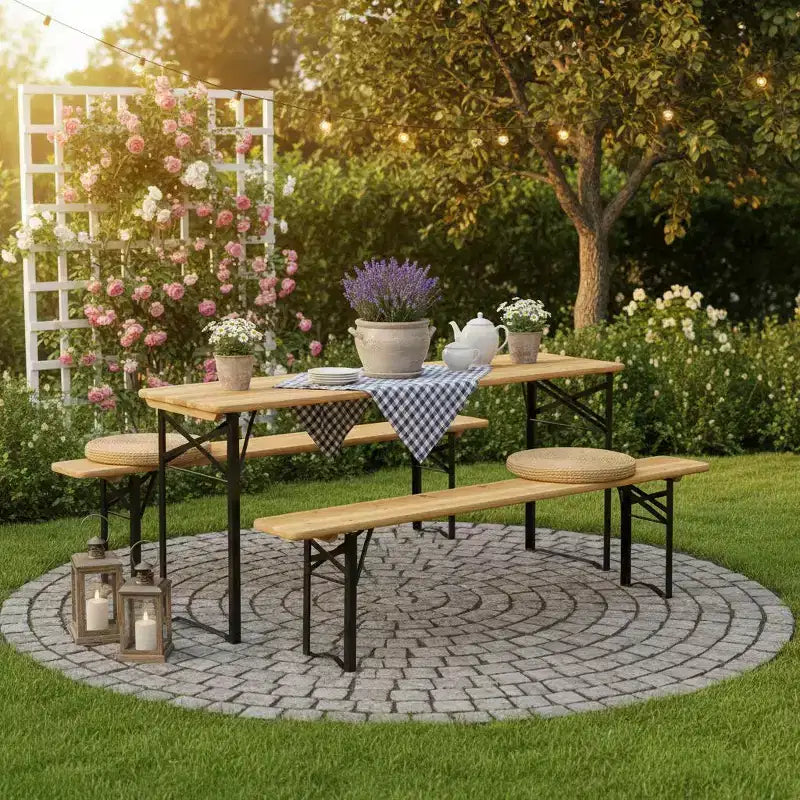 Gymax 3 PCS Wooden Folding Picnic Table and Bench Combo 70 Outdoor Beer Table w/ Seat for Garden Backyard Balcony