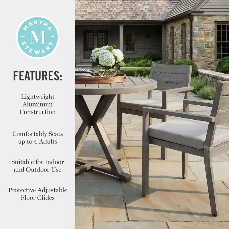 Martha Stewart Bedford 5 Piece Aluminum Patio Set, 4 Stackable Dining Armchairs with Cushions, 36 Round Trestle Base Table, Brushed Woodgrain Finish