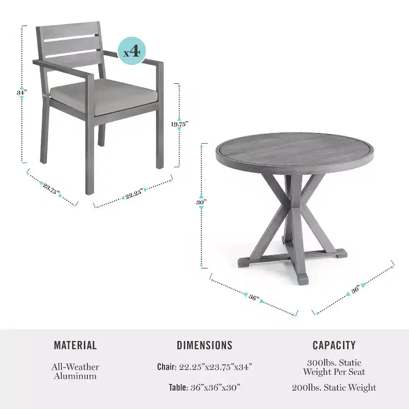 Martha Stewart Bedford 5 Piece Aluminum Patio Set, 4 Stackable Dining Armchairs with Cushions, 36 Round Trestle Base Table, Brushed Woodgrain Finish